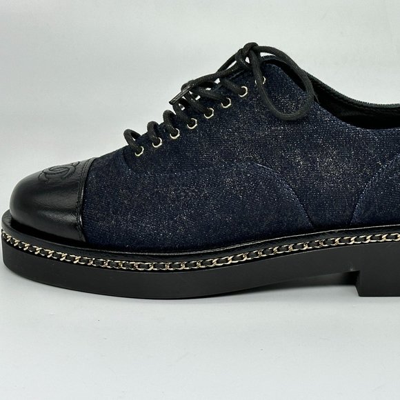 CHANEL 20K Denim Leather Chain Cap Toe Lace Up Oxford Heels Loafers Shoes - Picture 2 of 16